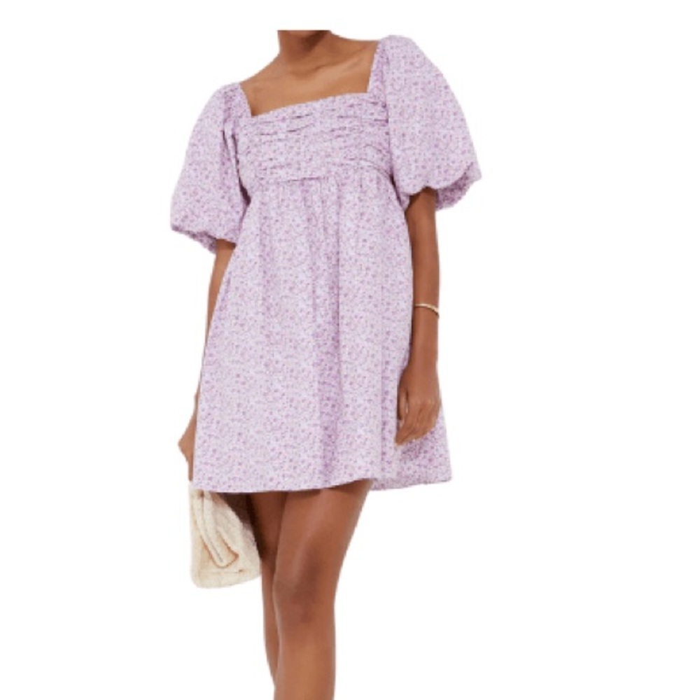 Tuckernuck Hyacinth House Puff-Sleeve Square-Neck Mini Dress in Lilac Floral